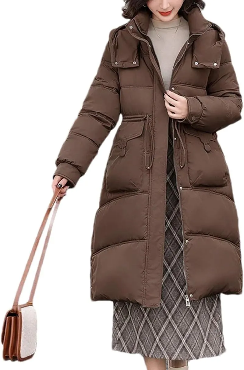 Women's Thick Hooded Long Parka Coat Classic Drawstring Buckle Pockets Cotton-Padded Jacket