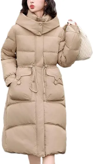 Women's Thick Hooded Long Parka Coat Classic Drawstring Buckle Pockets Cotton-Padded Jacket