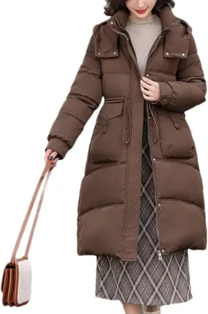 Women's Thick Hooded Long Parka Coat Classic Drawstring Buckle Pockets Cotton-Padded Jacket