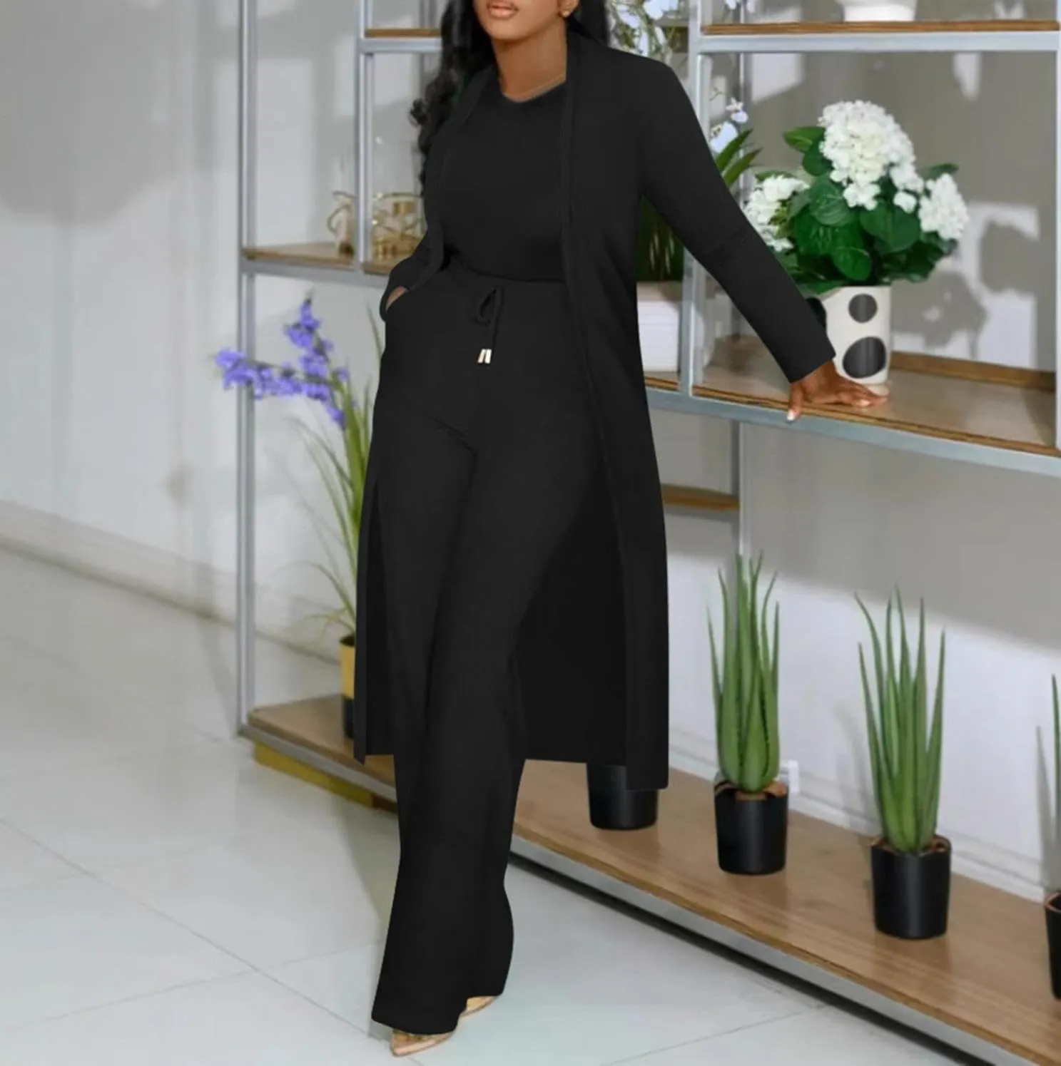 Women's Two Piece Outfits Dressy Knit Rib Long Blazer Jacket and Wide Leg Pants Business Casual Office Suit Sets