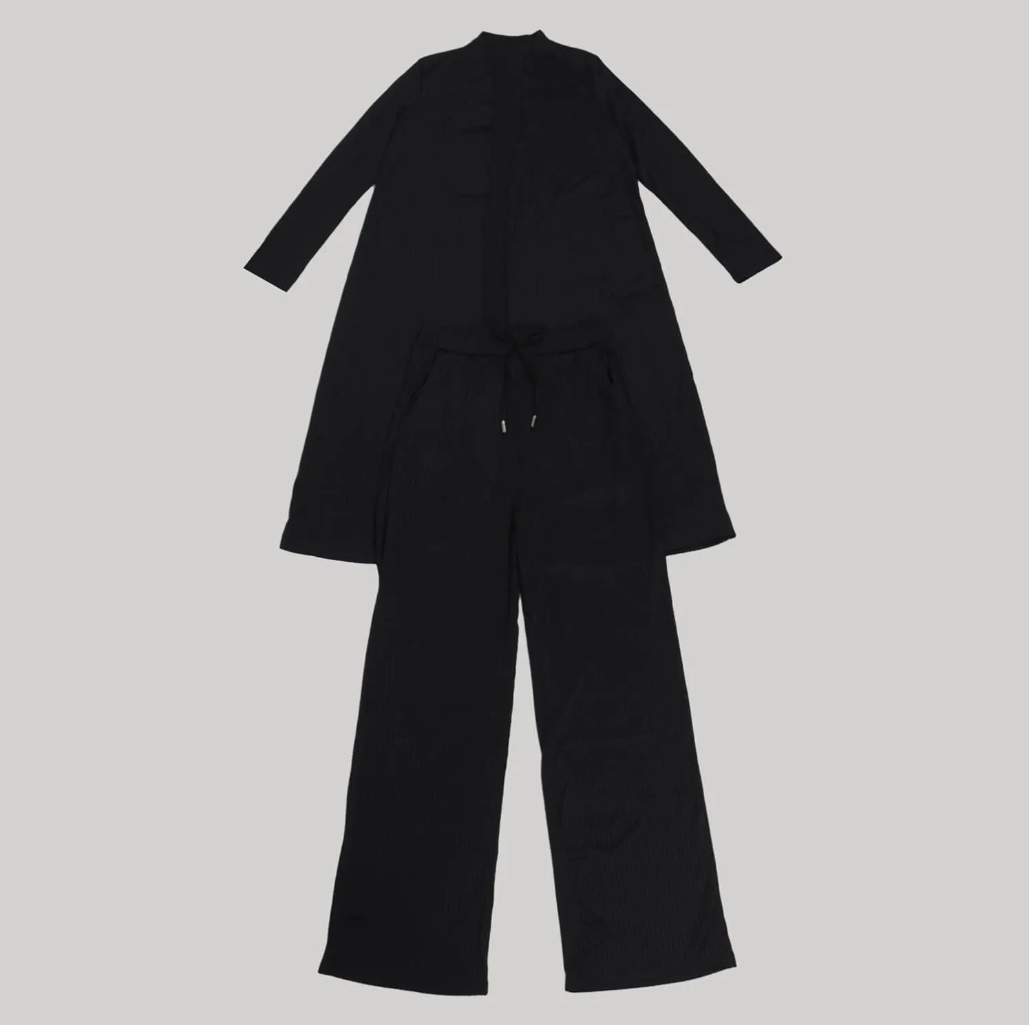 Women's Two Piece Outfits Dressy Knit Rib Long Blazer Jacket and Wide Leg Pants Business Casual Office Suit Sets