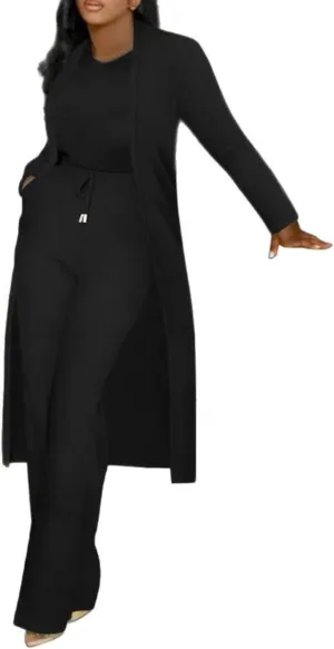 Women's Two Piece Outfits Dressy Knit Rib Long Blazer Jacket and Wide Leg Pants Business Casual Office Suit Sets