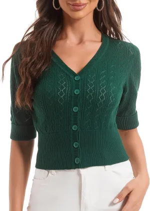Women's V Neck Cropped Cardigan, Short Sleeve Casual Button Front Knit Sweater Top