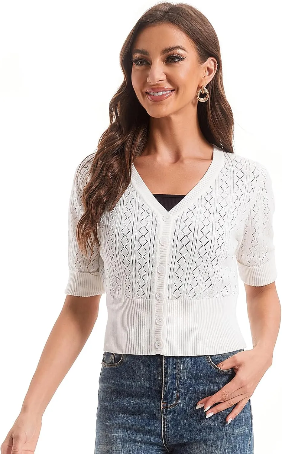 Women's V Neck Cropped Cardigan, Short Sleeve Casual Button Front Knit Sweater Top
