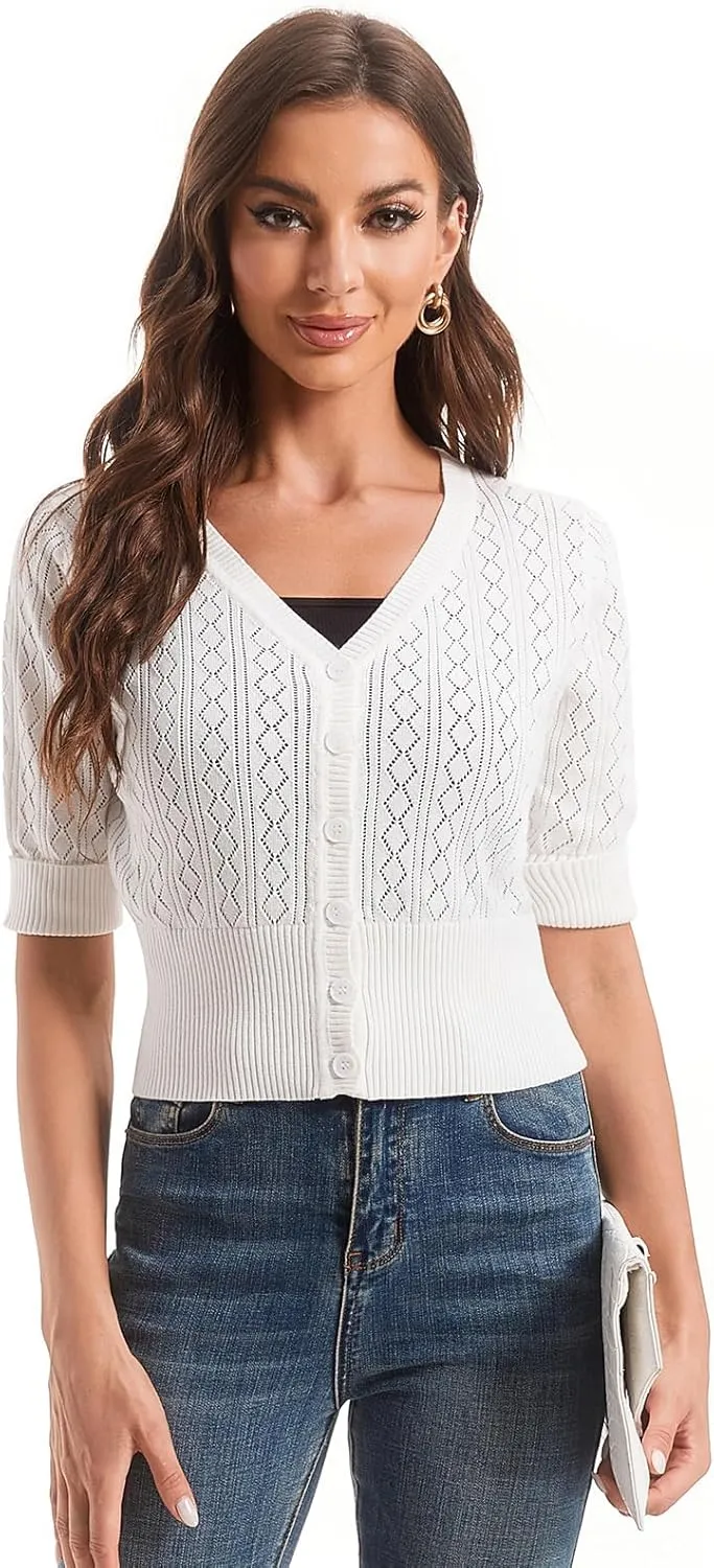 Women's V Neck Cropped Cardigan, Short Sleeve Casual Button Front Knit Sweater Top