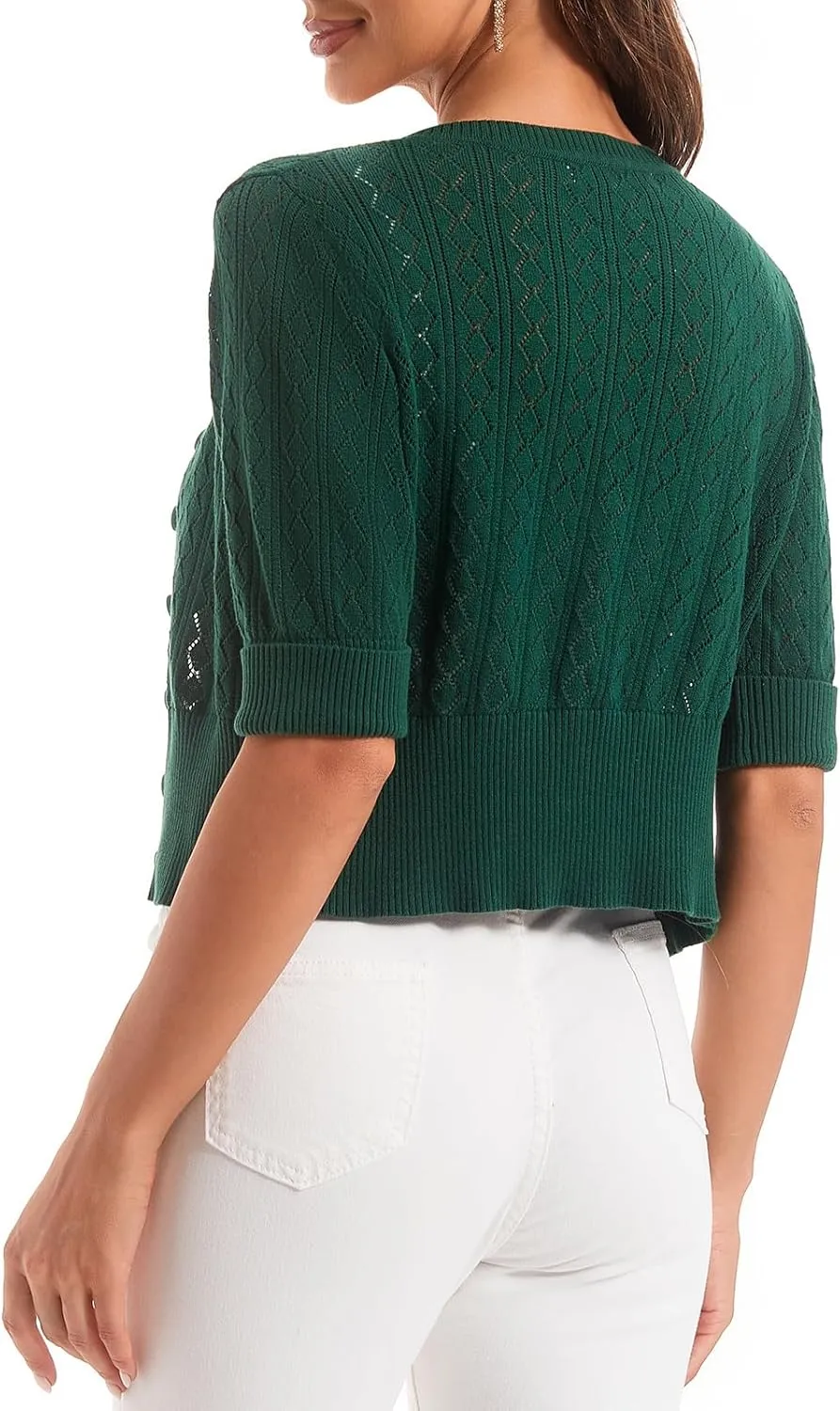 Women's V Neck Cropped Cardigan, Short Sleeve Casual Button Front Knit Sweater Top