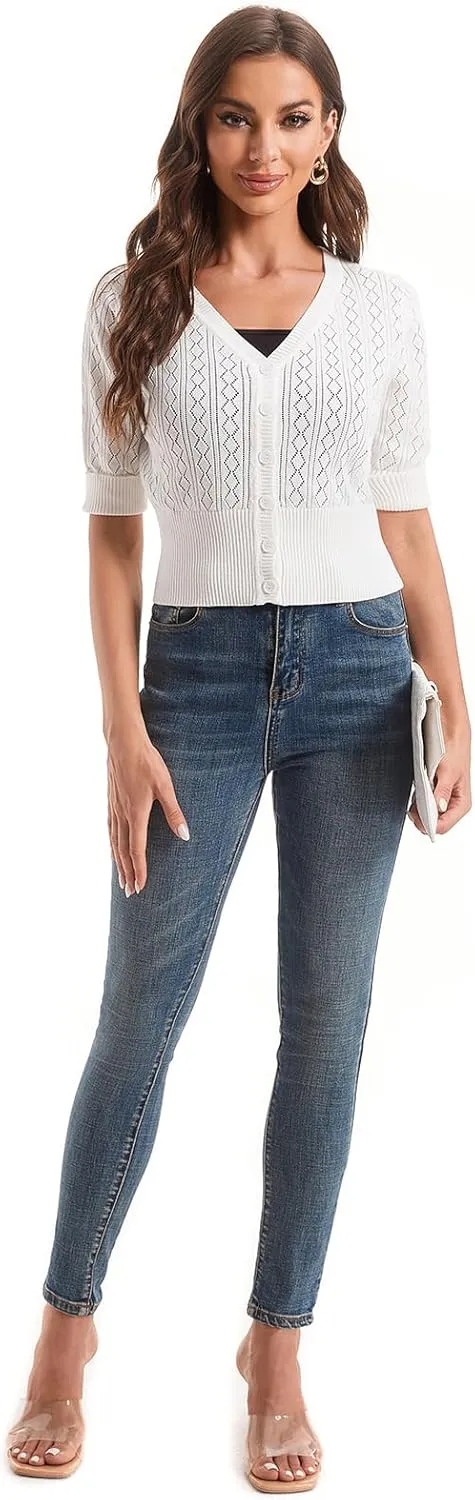 Women's V Neck Cropped Cardigan, Short Sleeve Casual Button Front Knit Sweater Top