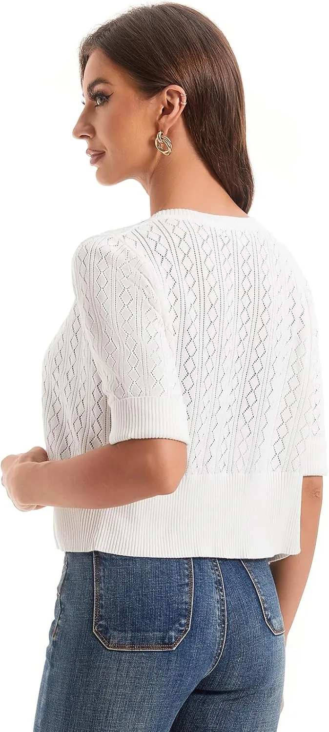 Women's V Neck Cropped Cardigan, Short Sleeve Casual Button Front Knit Sweater Top