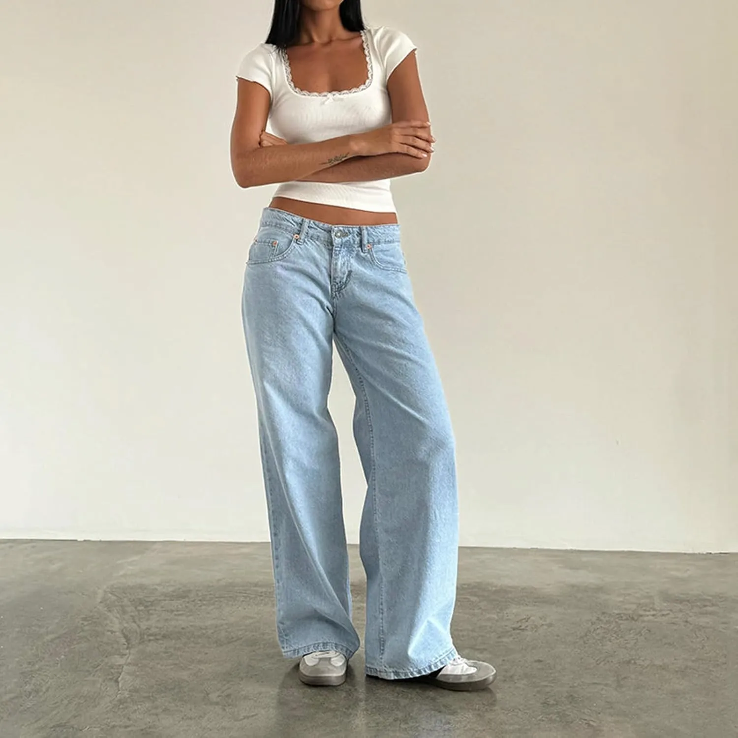 Women's Wide Leg Boyfriend Jeans Straight Leg Denim Pants Low Rise Baggy Casual Loose Jeans