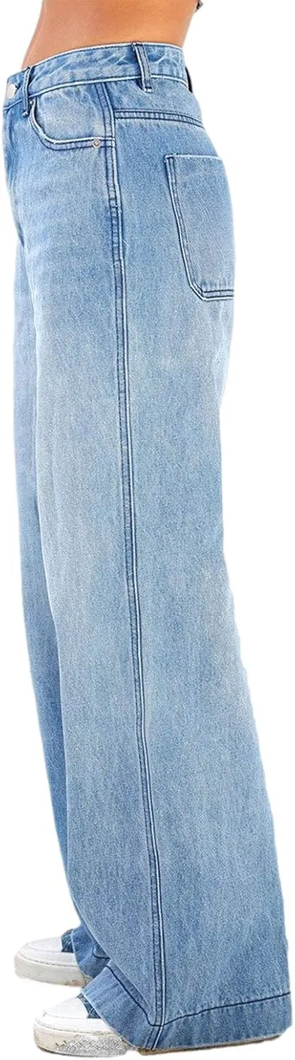 Women's Wide Leg Boyfriend Jeans Straight Leg Denim Pants Low Rise Baggy Casual Loose Jeans