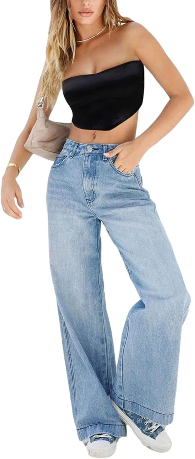 Women's Wide Leg Boyfriend Jeans Straight Leg Denim Pants Low Rise Baggy Casual Loose Jeans