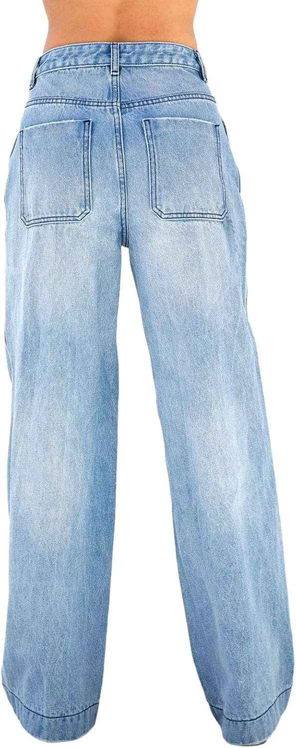 Women's Wide Leg Boyfriend Jeans Straight Leg Denim Pants Low Rise Baggy Casual Loose Jeans