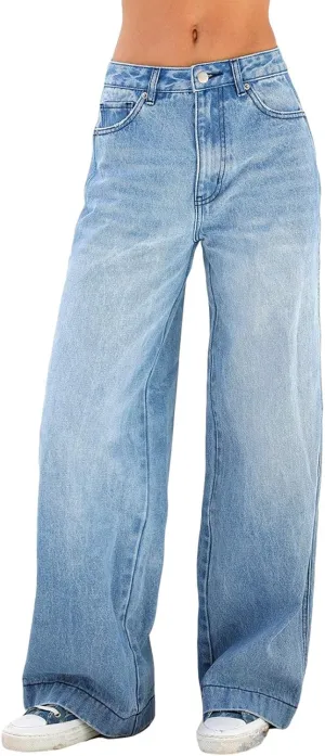 Women's Wide Leg Boyfriend Jeans Straight Leg Denim Pants Low Rise Baggy Casual Loose Jeans