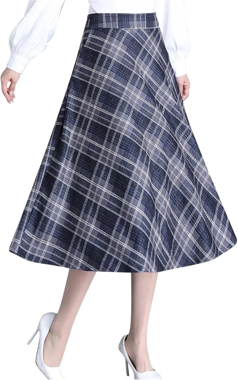 Womens Wool Midi Skirts Classic Plaid Skirt High Elastic Waist Pleated Flowy Swing A Line Flared Woolen Skirts