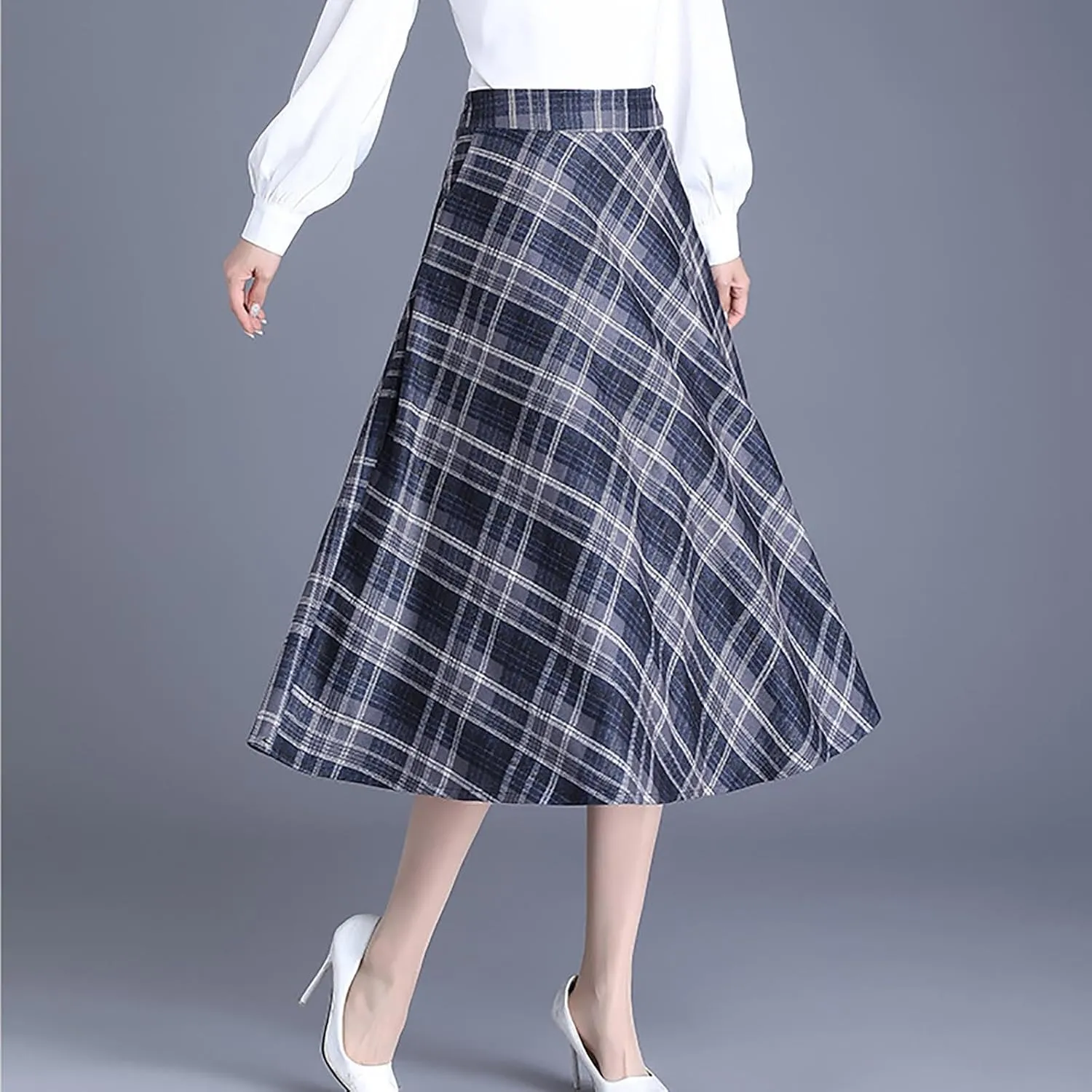Womens Wool Midi Skirts Classic Plaid Skirt High Elastic Waist Pleated Flowy Swing A Line Flared Woolen Skirts