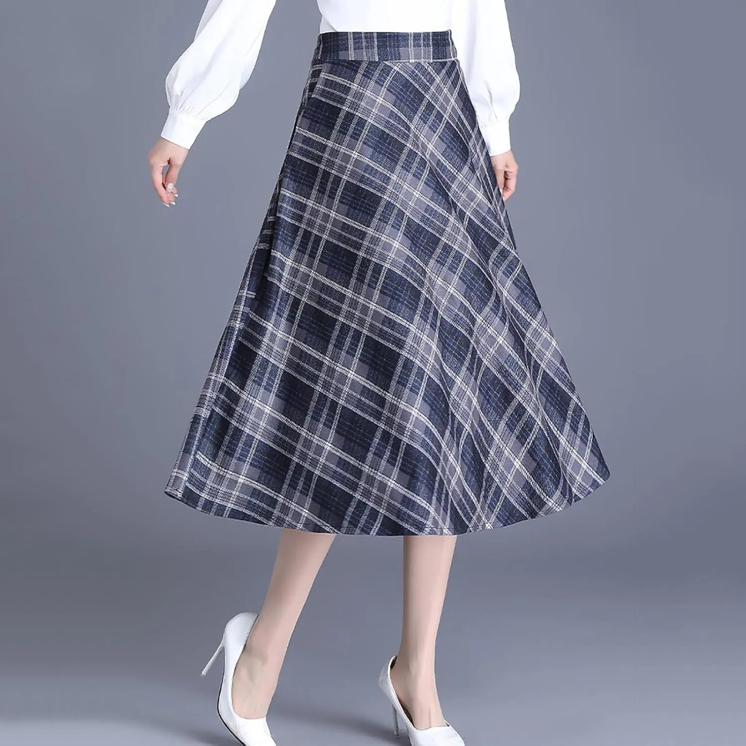 Womens Wool Midi Skirts Classic Plaid Skirt High Elastic Waist Pleated Flowy Swing A Line Flared Woolen Skirts