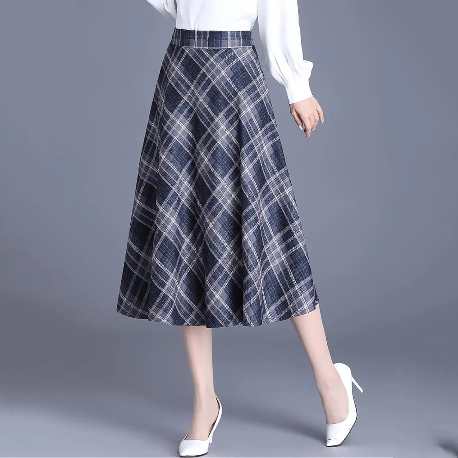 Womens Wool Midi Skirts Classic Plaid Skirt High Elastic Waist Pleated Flowy Swing A Line Flared Woolen Skirts