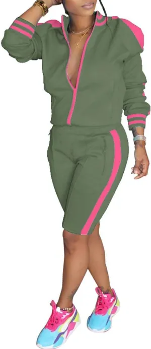 xxxiticat Women's Side Striped Sports Tracksuit Two Piece Zipper Jacket Short Pants Matching Sets 2PCS Trendy Sportswear