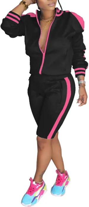 xxxiticat Women's Side Striped Sports Tracksuit Two Piece Zipper Jacket Short Pants Matching Sets 2PCS Trendy Sportswear