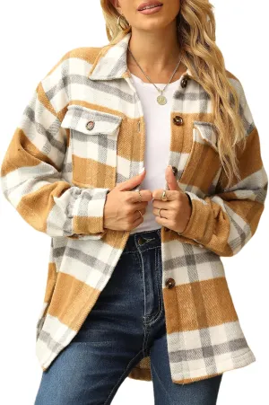 Yeokou Women's Fall Color Block Plaid Flannel Shacket Jacket Button Down Shirt Coat Tops