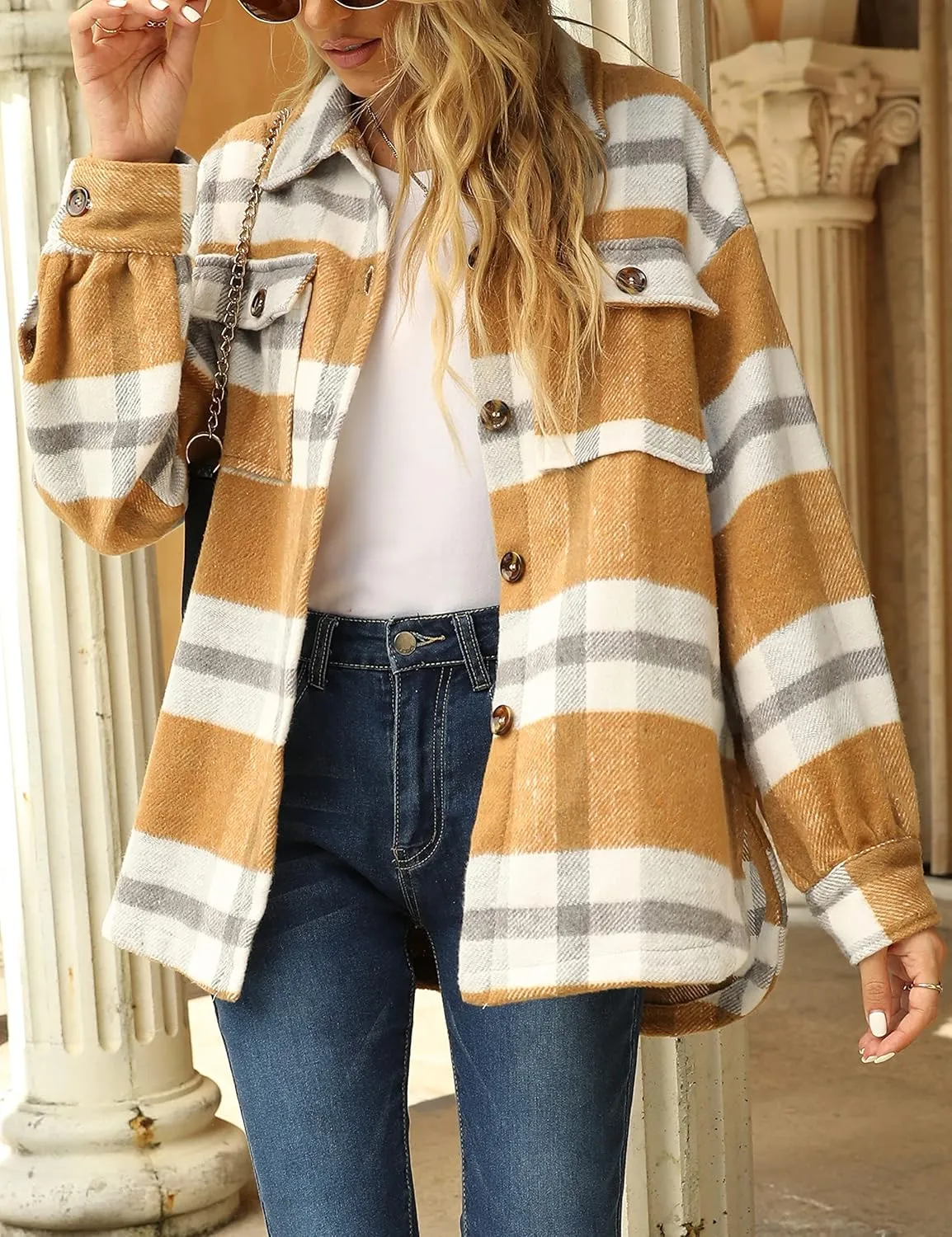 Yeokou Women's Fall Color Block Plaid Flannel Shacket Jacket Button Down Shirt Coat Tops