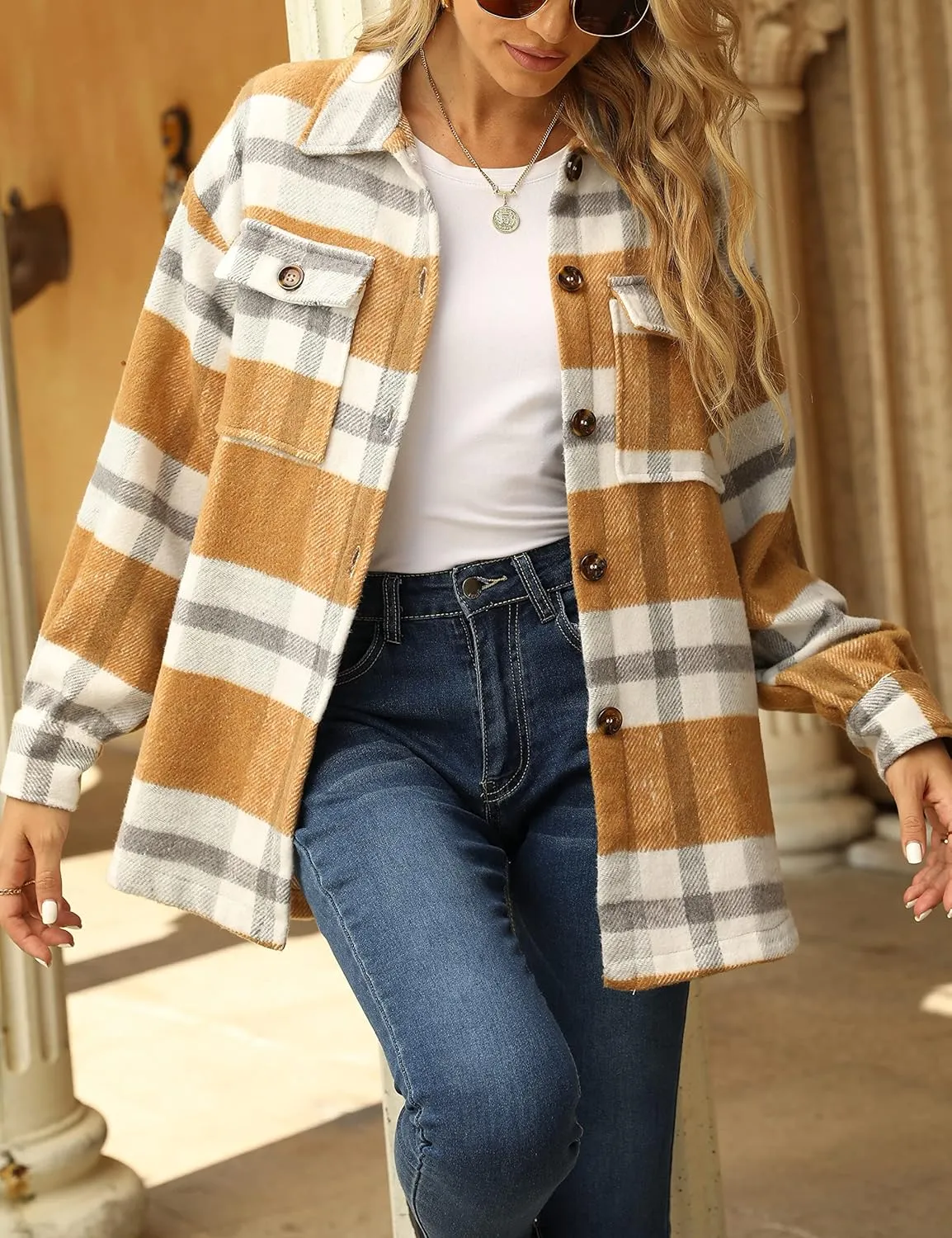 Yeokou Women's Fall Color Block Plaid Flannel Shacket Jacket Button Down Shirt Coat Tops