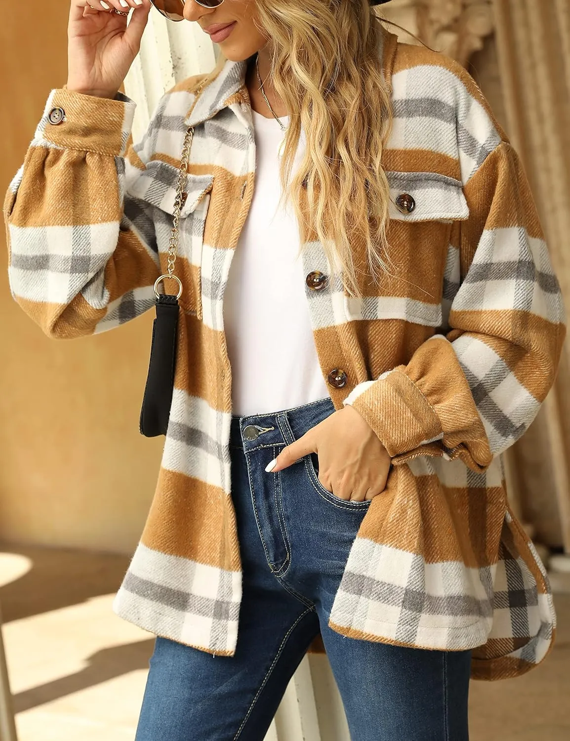 Yeokou Women's Fall Color Block Plaid Flannel Shacket Jacket Button Down Shirt Coat Tops
