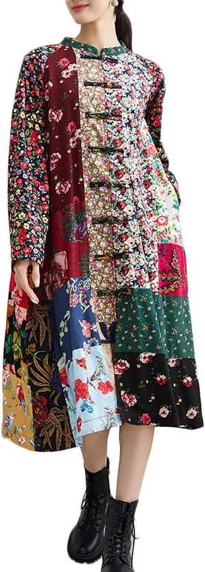 Ystylee Women's Trench Coat Bohemian Floral Print Hippie Jacket Unique Real Patchwork Outwear