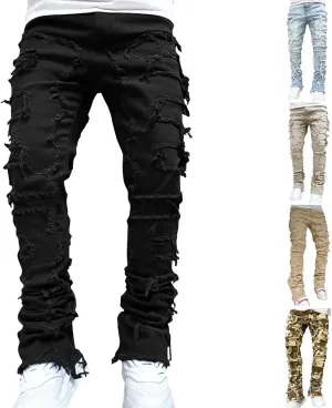 Ytfsrukp Mens Black Stacked Jeans Slim Fit Ripped Jeans Destroyed Straight Denim Pants Harajuku Hip Hop Trouser Streetwear