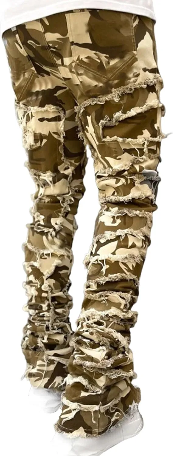 Ytfsrukp Mens Black Stacked Jeans Slim Fit Ripped Jeans Destroyed Straight Denim Pants Harajuku Hip Hop Trouser Streetwear