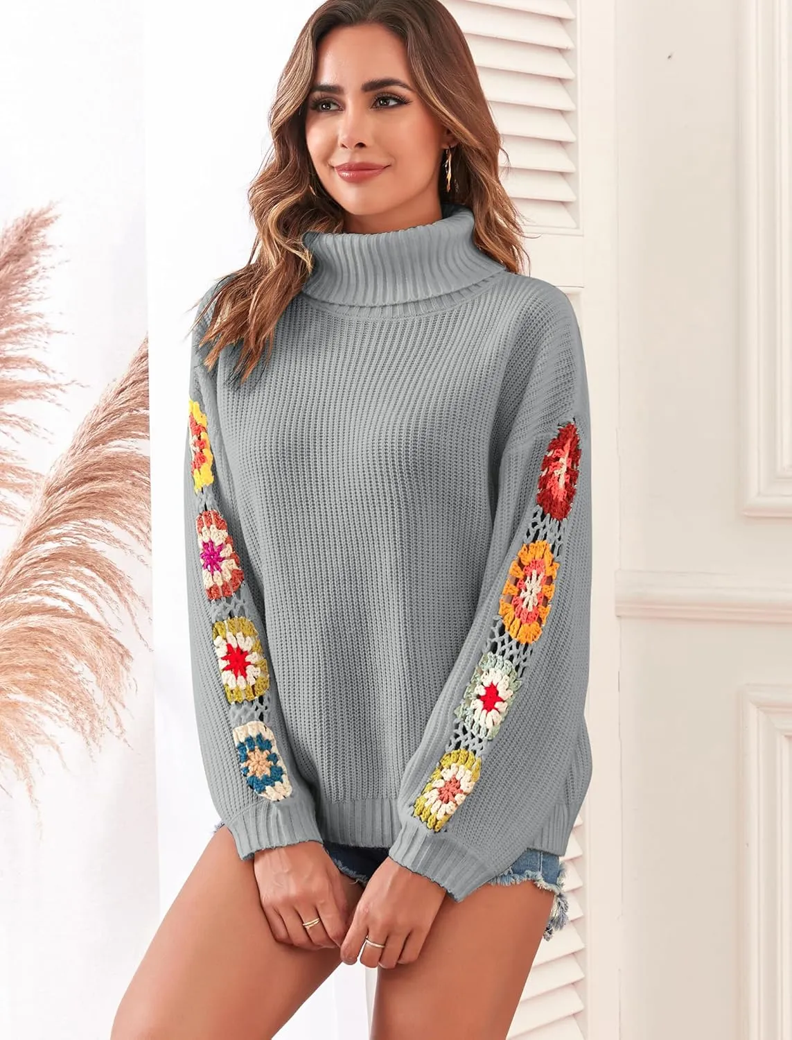 ZAFUL Flower Crochet Turtleneck Sweater for Women Pullover Puff Long Sleeve Boho Knit Sweaters Trendy Knitwear Tops