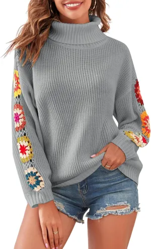 ZAFUL Flower Crochet Turtleneck Sweater for Women Pullover Puff Long Sleeve Boho Knit Sweaters Trendy Knitwear Tops