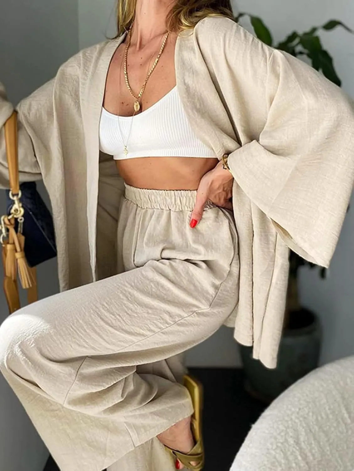 ZAFUL Womens 2 Pieces Outfit Loungewear Sets Linen Loose Cardigan Wide Leg High Waist Pants Casual Suits