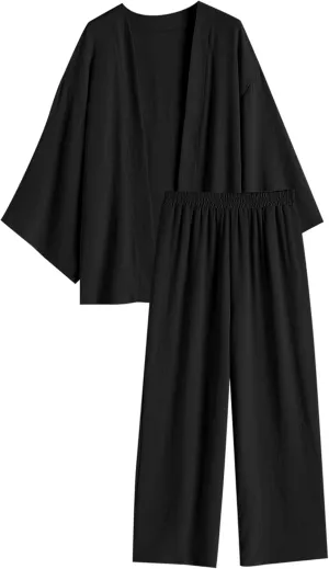 ZAFUL Womens 2 Pieces Outfit Loungewear Sets Linen Loose Cardigan Wide Leg High Waist Pants Casual Suits