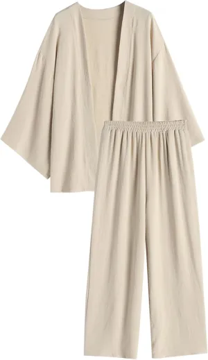 ZAFUL Womens 2 Pieces Outfit Loungewear Sets Linen Loose Cardigan Wide Leg High Waist Pants Casual Suits