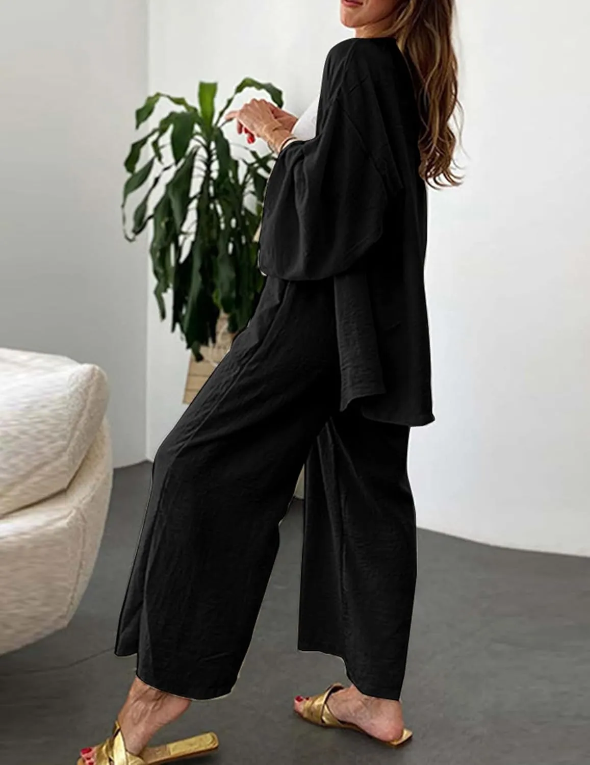 ZAFUL Womens 2 Pieces Outfit Loungewear Sets Linen Loose Cardigan Wide Leg High Waist Pants Casual Suits