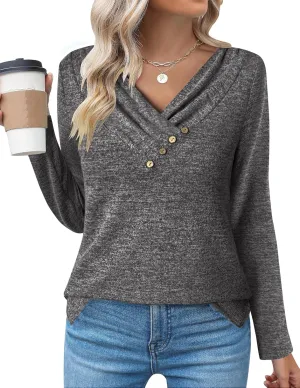 Zeagoo Women's Casual Tunic Tops Long Sleeve Shirts for Leggings V Neck Button Fall Pullover Blouse Loose Sweatshirts