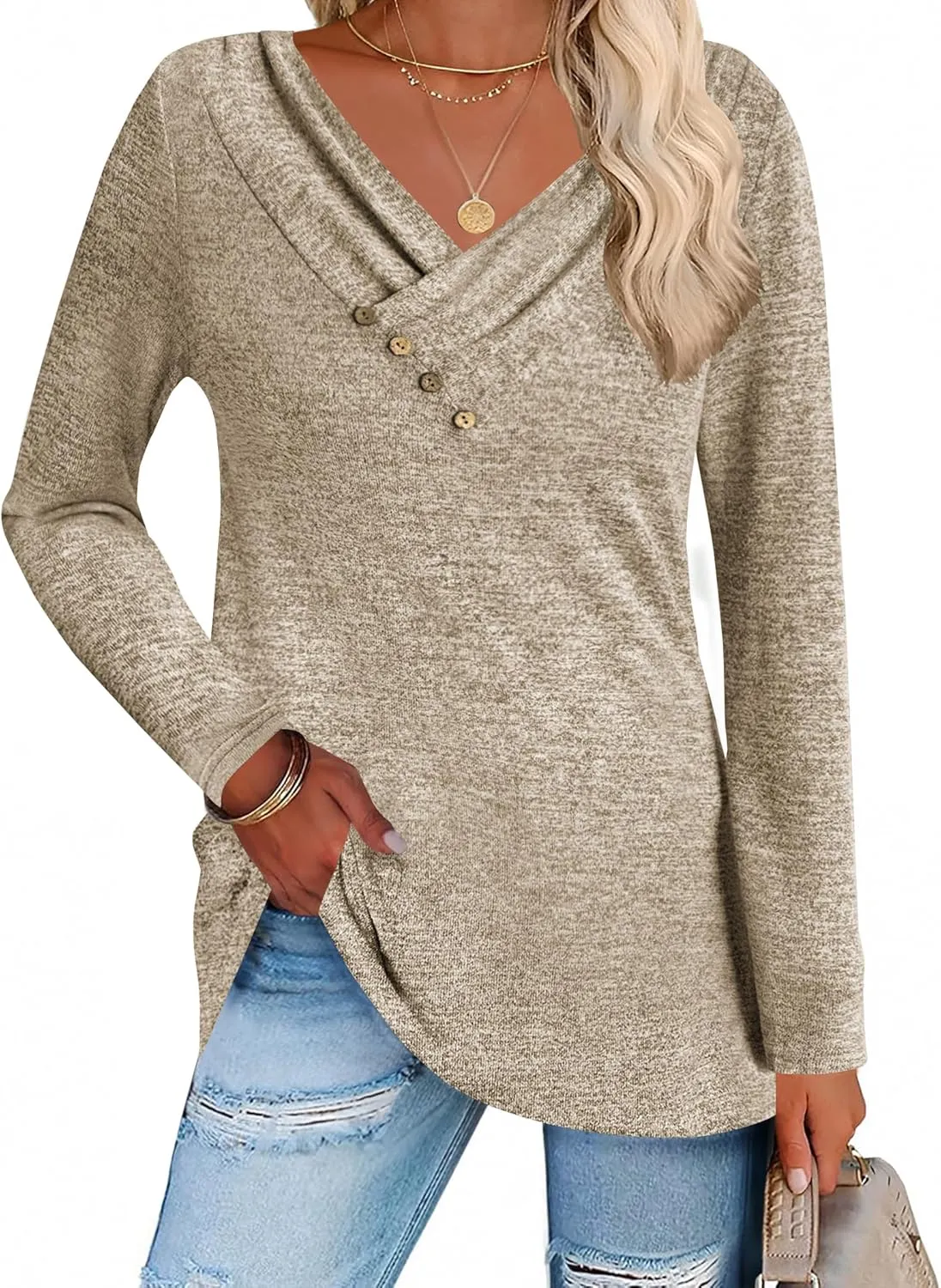 Zeagoo Women's Casual Tunic Tops Long Sleeve Shirts for Leggings V Neck Button Fall Pullover Blouse Loose Sweatshirts