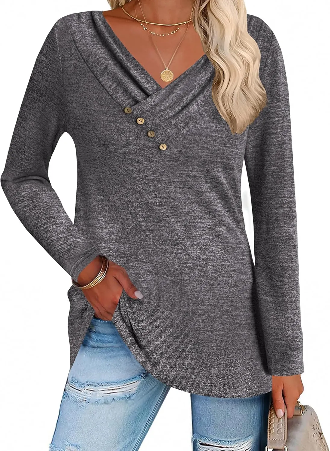 Zeagoo Women's Casual Tunic Tops Long Sleeve Shirts for Leggings V Neck Button Fall Pullover Blouse Loose Sweatshirts