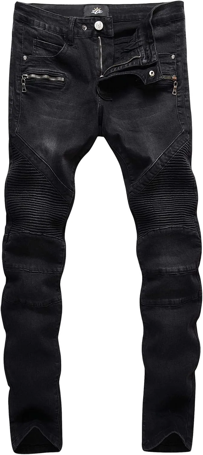 ZLZ Black Biker Jeans for Men, Slim Fit, Ripped Distressed Biker Jeans Pants Rock, Size 34