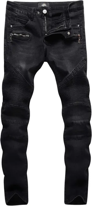 ZLZ Black Biker Jeans for Men, Slim Fit, Ripped Distressed Biker Jeans Pants Rock, Size 34