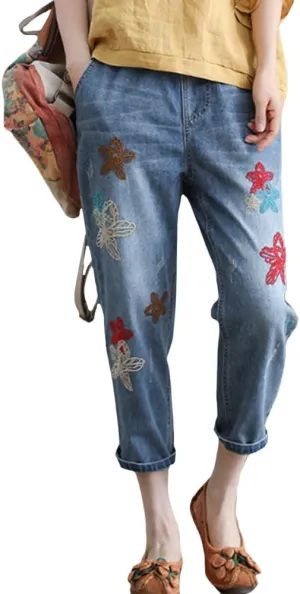 ZOCAVIA Women's Embroidered Cropped Jeans Casual Baggy Elastic Waist Drawstring Harem Jeans Denim Capri Pants Ripped Jean
